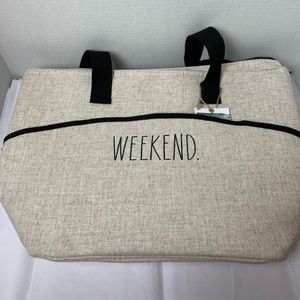 Rae Dunn insulated tote. “Weekend” Linen and black